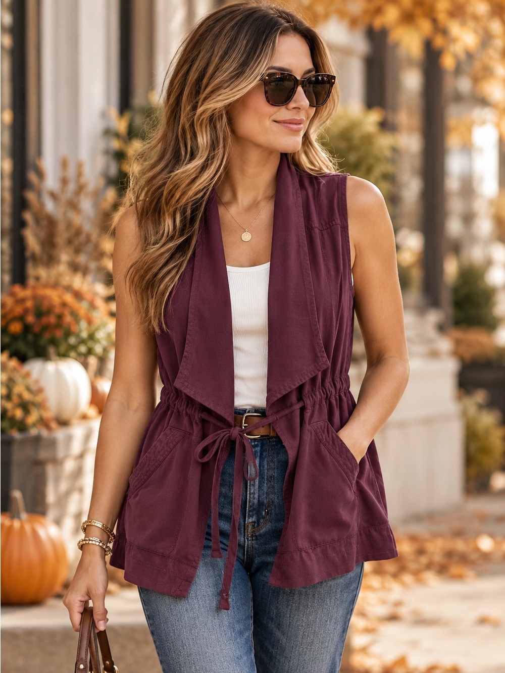 Altar'd State Plum Sleeveless Drape Vest with Tie